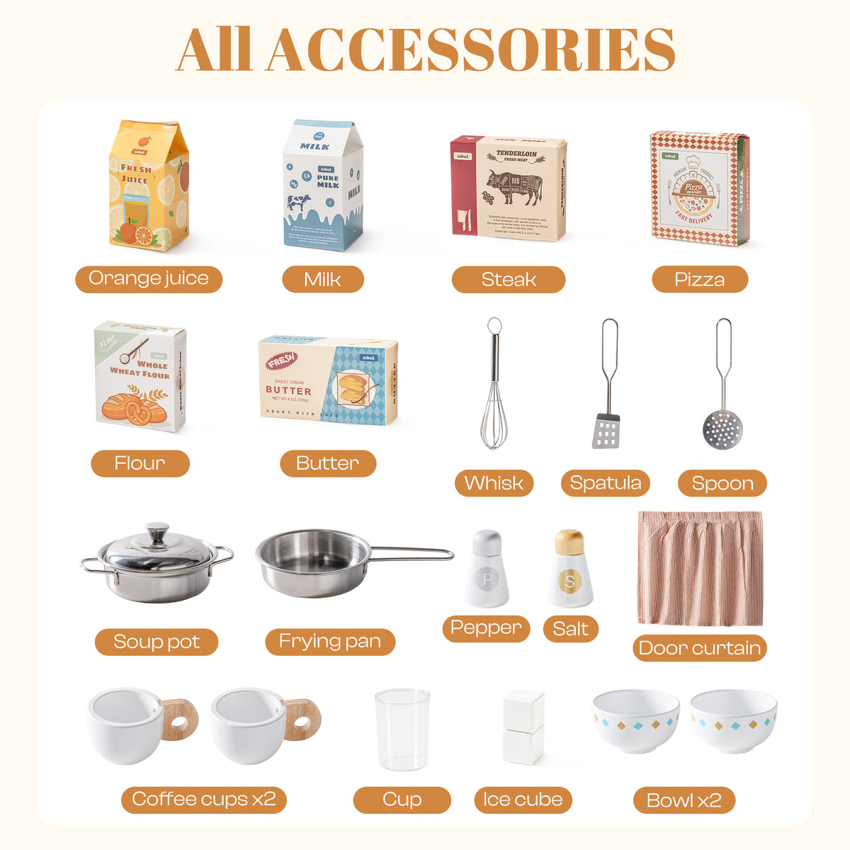 ROBUD pretend kitchen accessories spread including food boxes cookware utensils and play food items labelled clearly.