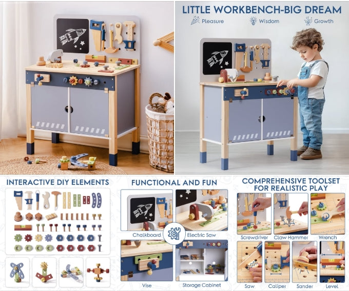 ROBUD wooden play workbench in grey and natural wood labeled Little Workbench Big Dream showing boy building with comprehensive toolset including chalkboard and electric saw