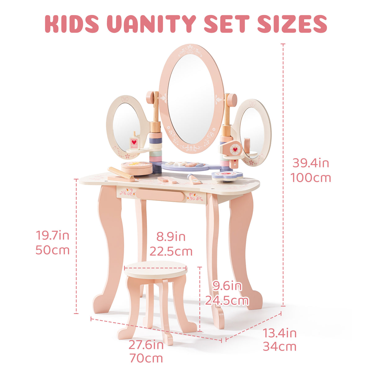 ROBUD Kids Vanity Set dimension diagram showing 39.4 in total height, 27.6 in width, and matching stool 8.9 in wide.