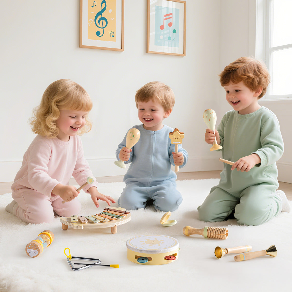 Three toddlers laughing and playing ROBUD Moonlight Music Set wooden instruments together in a bright room with music art on wall