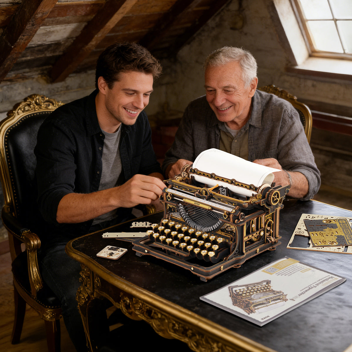 ROKR Mechanical Typewriter Wooden 3D Puzzle LK703B (Classic Version) LK703B, detail of decorative elements and finish