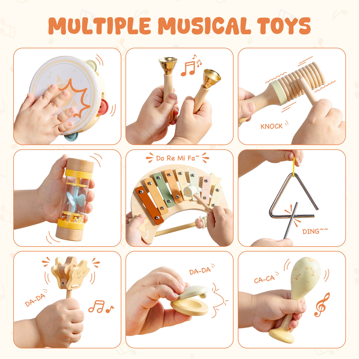 ROBUD Moonlight Music Set collage of hands playing maracas, xylophone, triangle, tambourine and clapper musical instruments