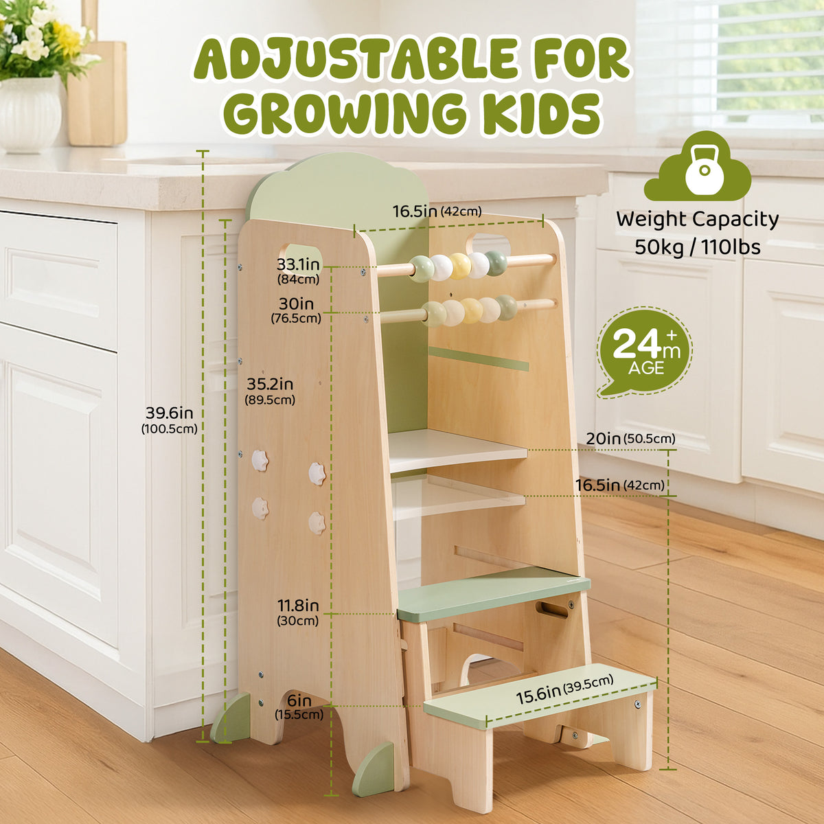 ROBUD Toddler Standing Tower green accent model folded flat and upright showing safety foot installation instructions on white background