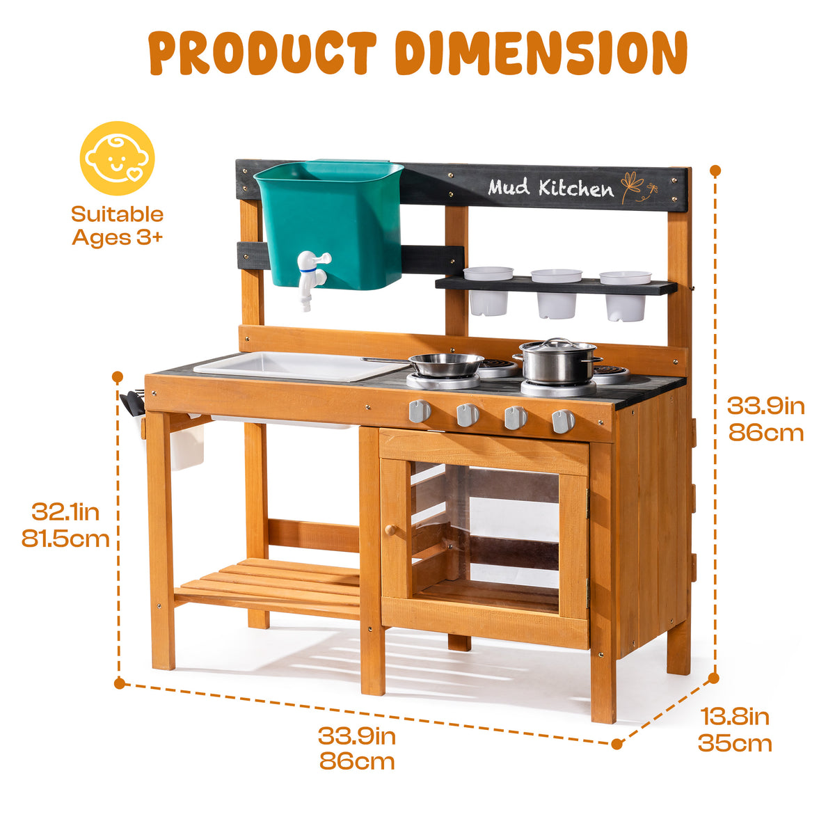 ROBUD Outdoor Mud Kitchen product dimensions diagram showing 32.1 inch height, 33.5 inch width and 13.8 inch depth with suitable ages 3 plus label