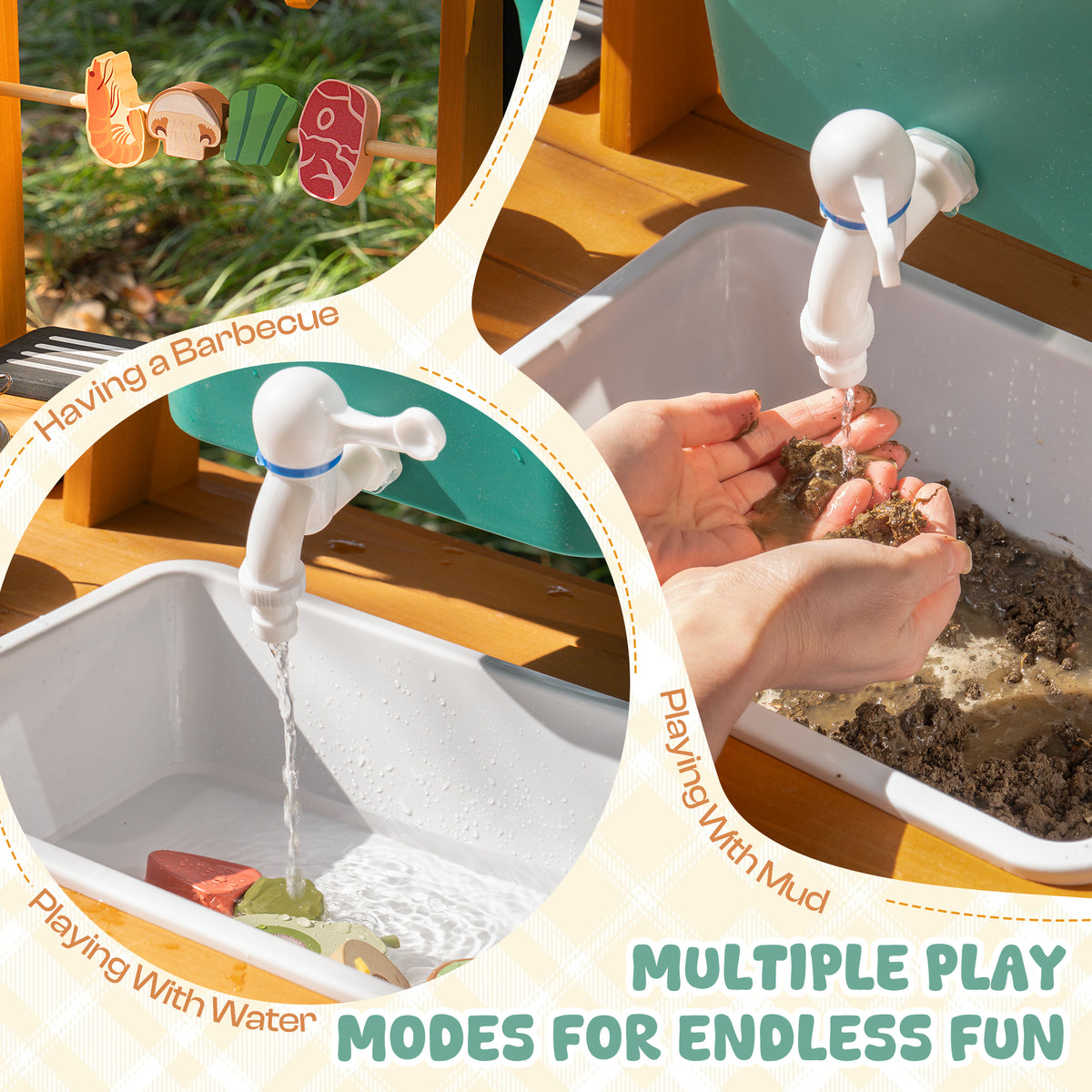 ROBUD wheeled outdoor mud kitchen realistic cooking panel showing cook on stove, rotate knob, and washing vegetables scenes