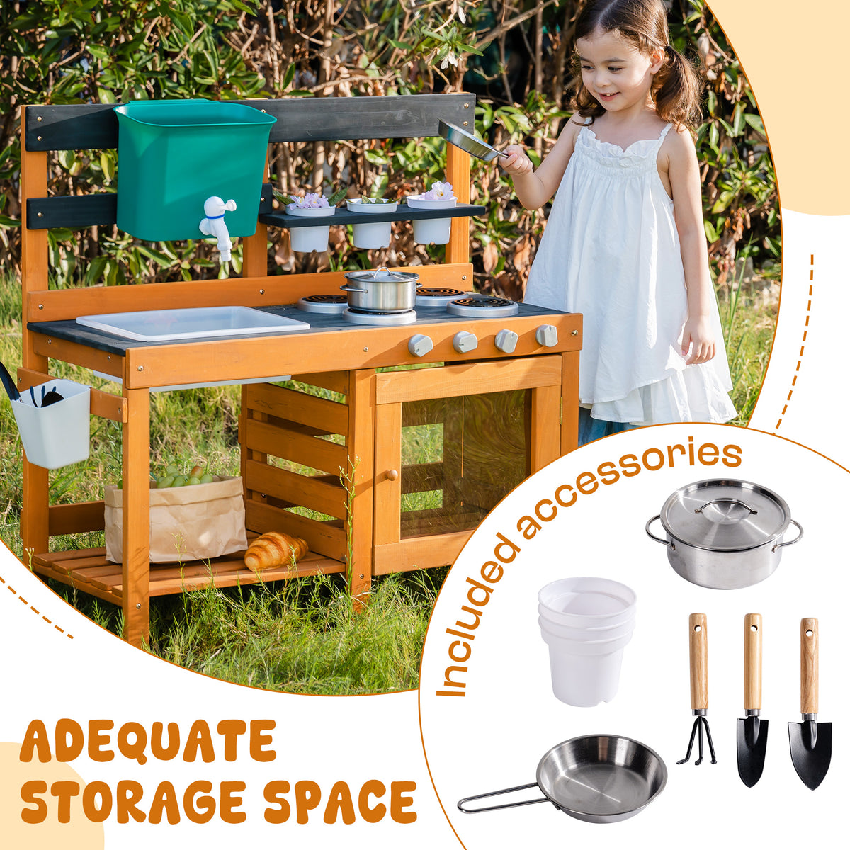 ROBUD Outdoor Mud Kitchen adequate storage space view with girl beside the honey wood kitchen showing included pot, bowl and garden tool accessories