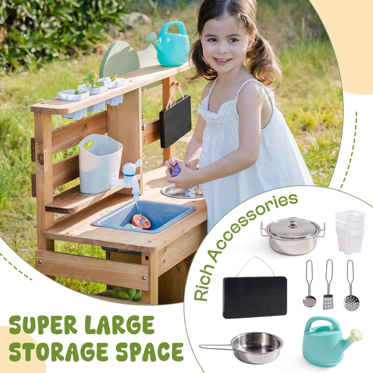 ROBUD Outdoor Mud Play Kitchen super large storage space view with girl playing beside honey wood and sage green kitchen with rich accessories included