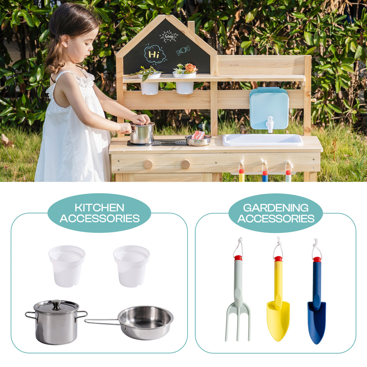ROBUD Outdoor Mud Kitchen with Accessories view showing girl beside the kitchen plus kitchen accessories including pot and gardening tools set