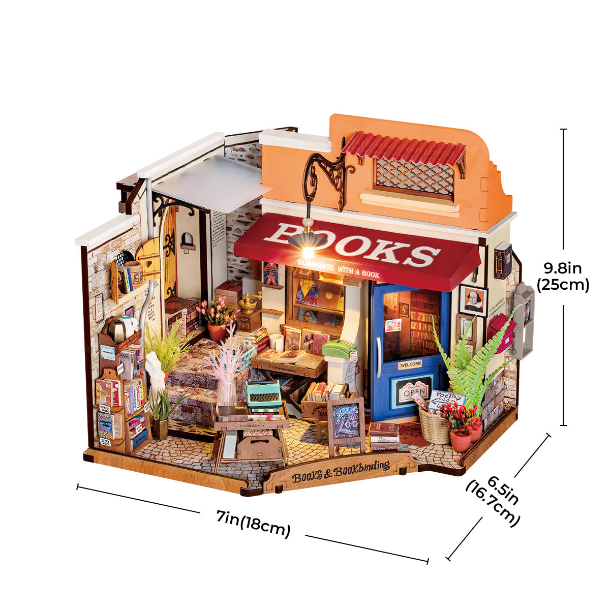 Rolife Corner Bookstore DIY miniature house shown against white background with dimension annotations of 7 by 6.2 by 9.8 inches