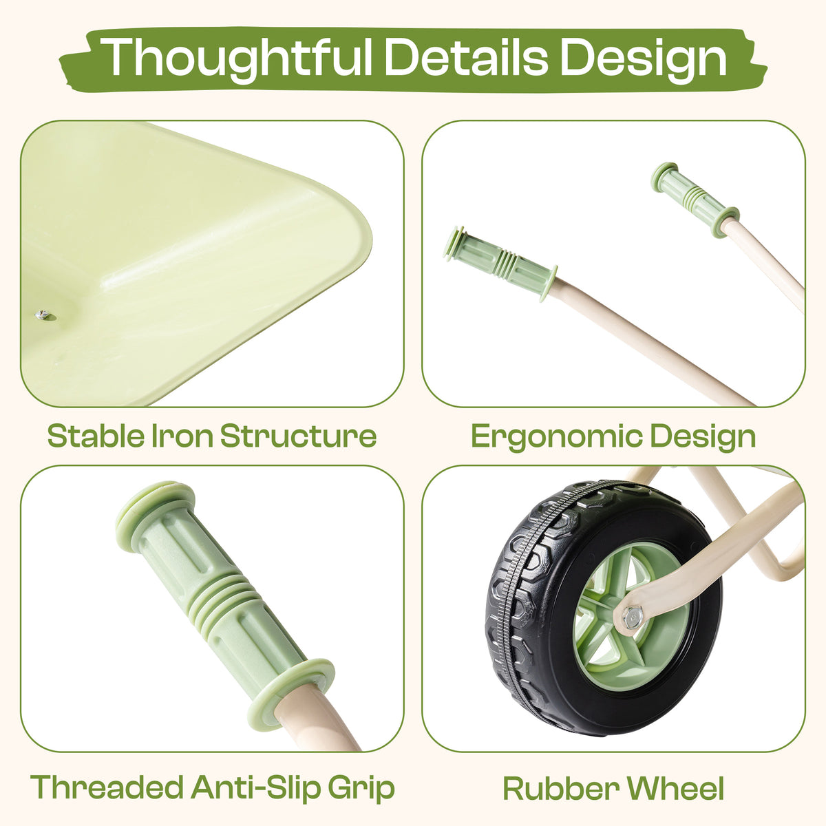 ROBUD Kids Wheelbarrow Set detailed close-ups showing threaded anti-slip grip, rubber wheel, ergonomic handle and stable iron structure