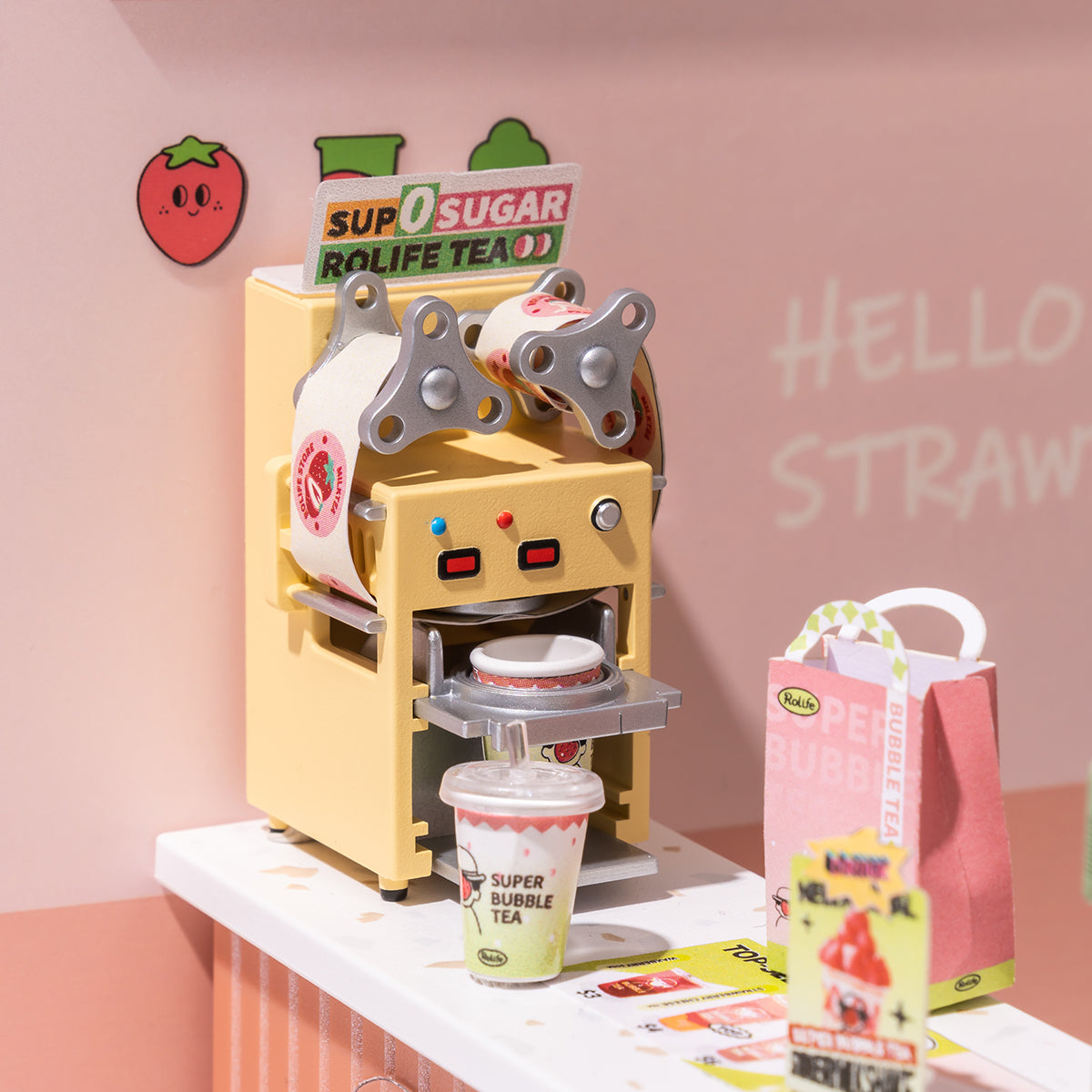 Rolife Super Creator Double Joy Bubble Tea DW006 DIY book nook miniature kit, exploded view of components and parts