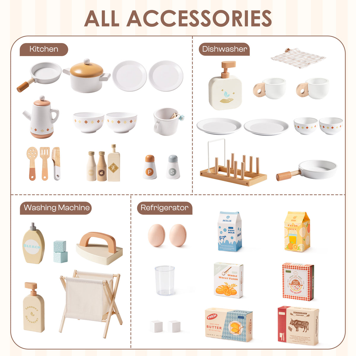 ROBUD Wooden Kids Kitchen Caramel Series all accessories spread including pots, utensils, washing machine items and refrigerator food