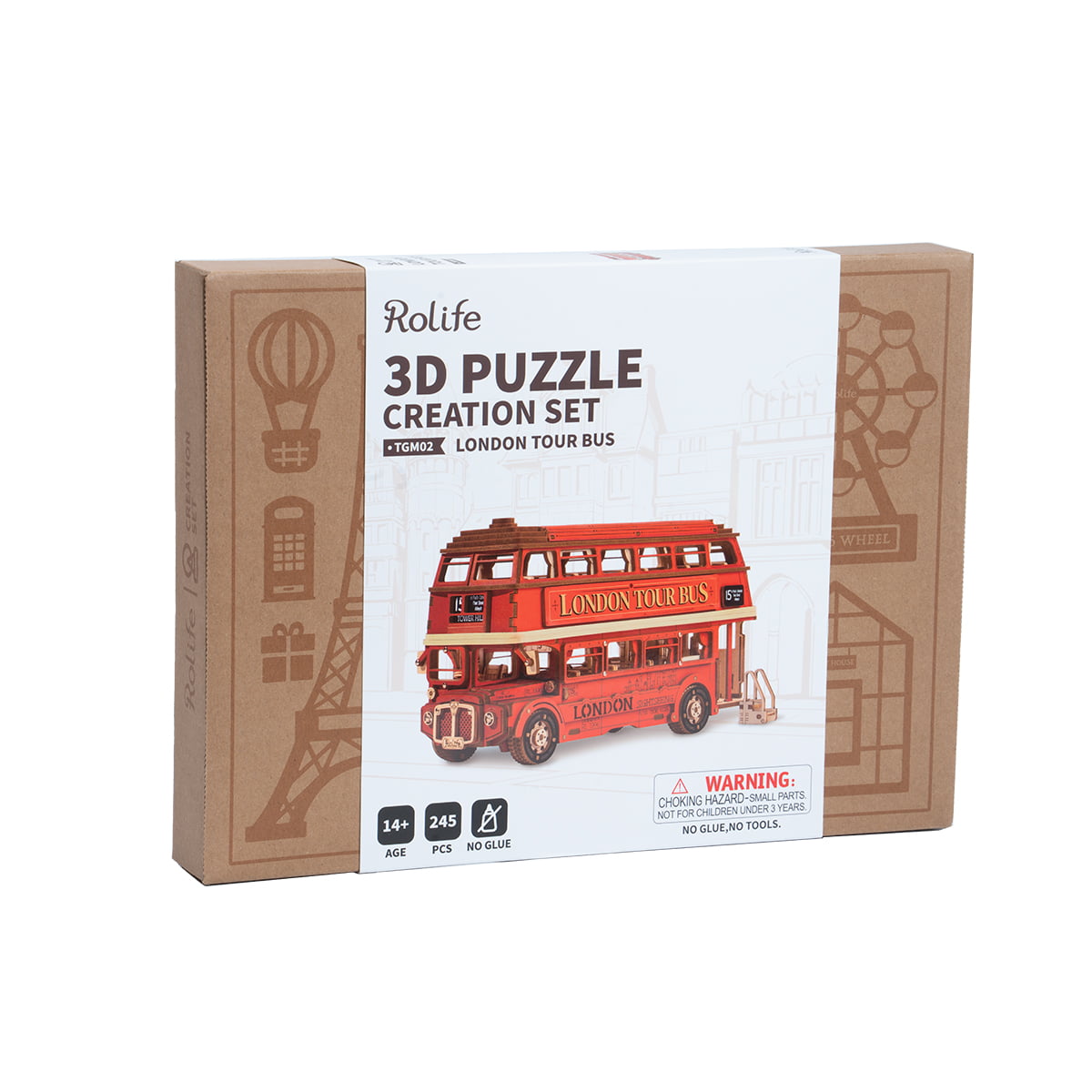 Rolife London Tour Bus 3D Puzzle Creation Set kraft cardboard retail box showing illustrated front cover artwork