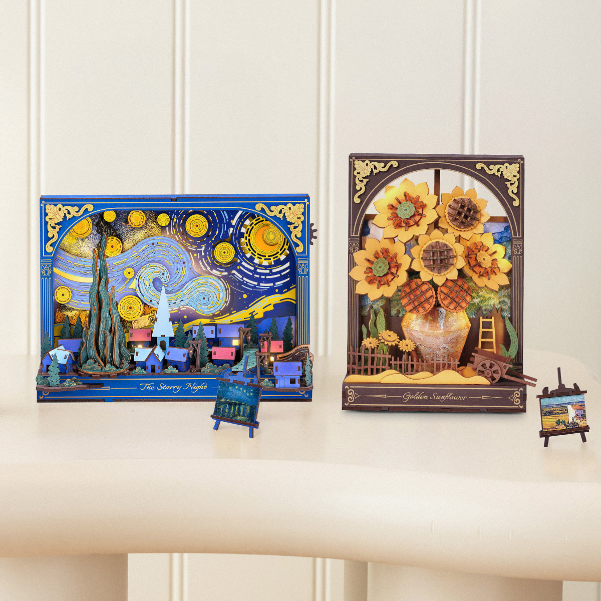 Rowood The Starry Night Wall Art 3D Wooden Puzzle TH003 paired with the Glittering Water Lily puzzle on a white round table, both showing Van Gogh-inspired layered wooden scenes
