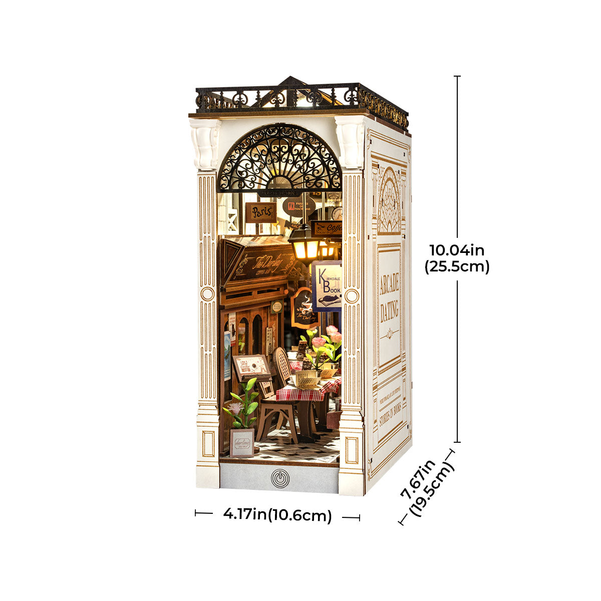 Rolife Arcade Dating DIY Book Nook outline diagram with labeled dimensions 10.04 by 4.17 by 7.09 inches