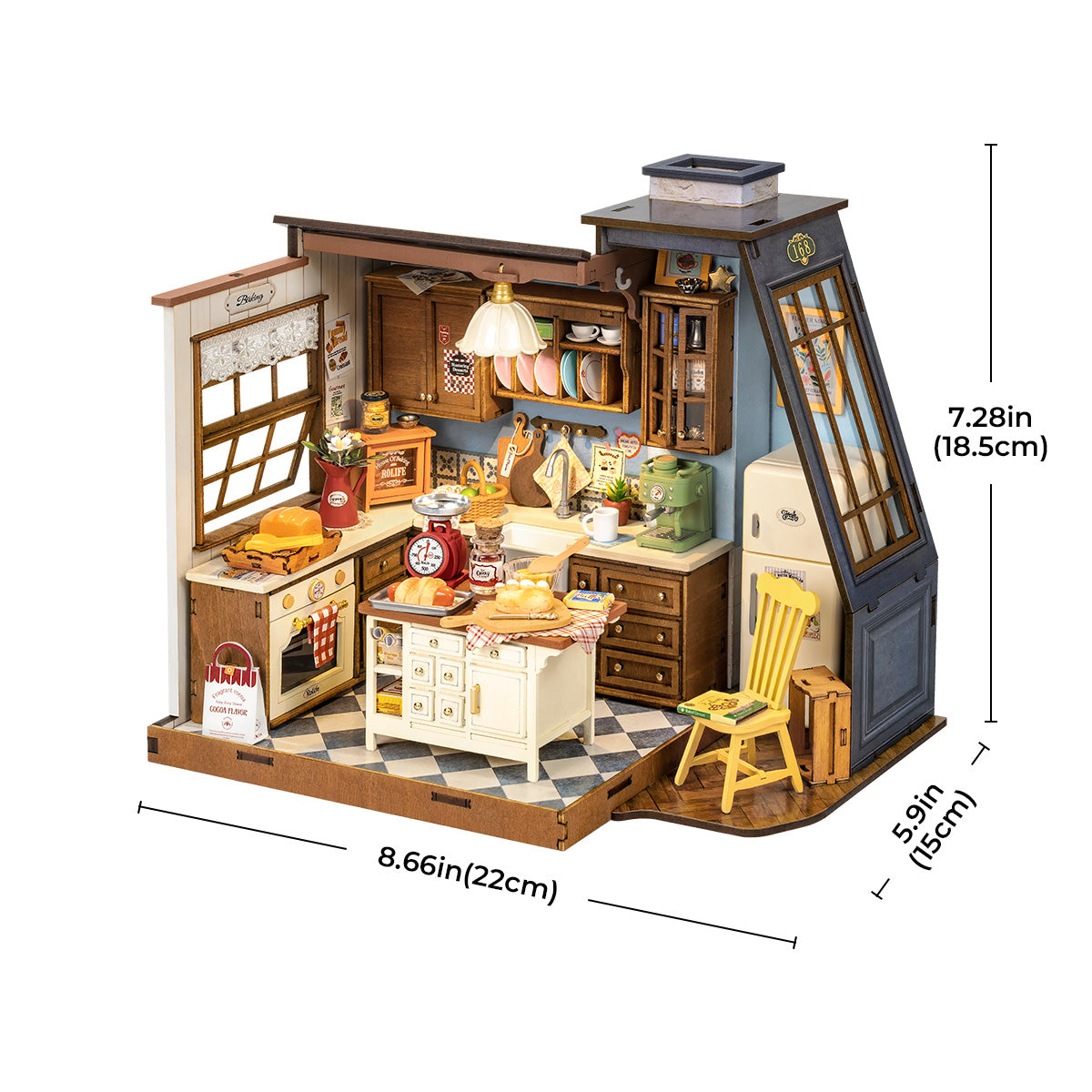 Rolife Baking Kitchen DIY Miniature House DG172 with dimension callouts showing the assembled size of 8.66 by 5.9 by 7.28 inches on a white background