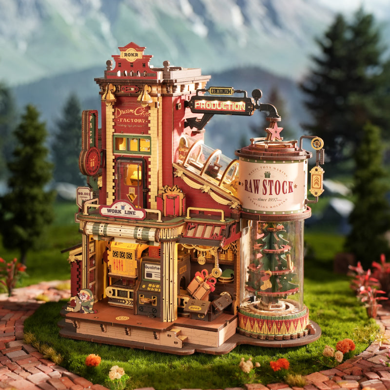 Rolife alpine bakery shop dollhouse miniature kit with a red awning, wooden barrel signage and mountain backdrop