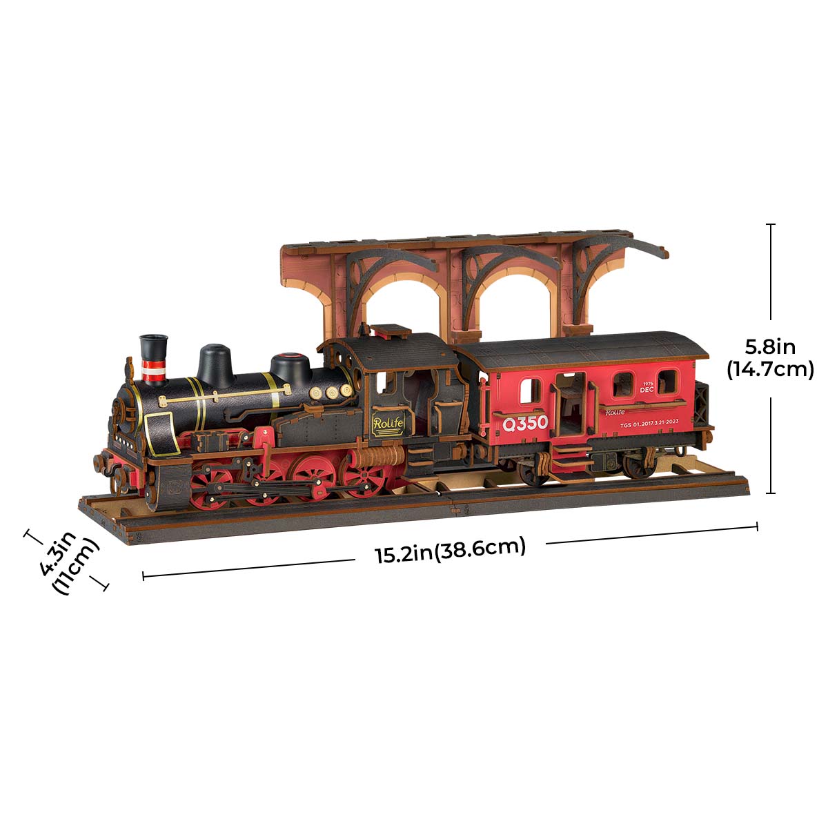 Rolife Steam Journey size diagram shows locomotive, carriage, and display platform.