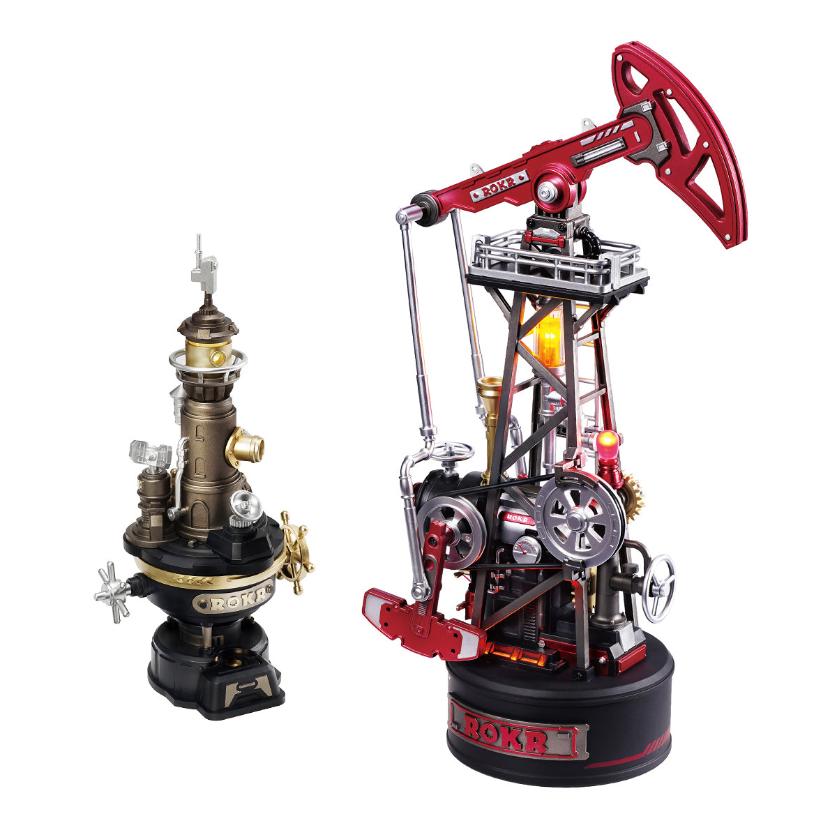ROKR Oil Pump Jack Mechanical 3D Puzzle CGL03 3D wooden puzzle model, parts and pieces laid out before assembly