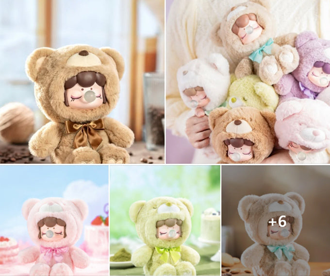 Colorful plush bear-costumed character dolls in multiple pastel tones shown together in a hand with individual pink and green and white variants around