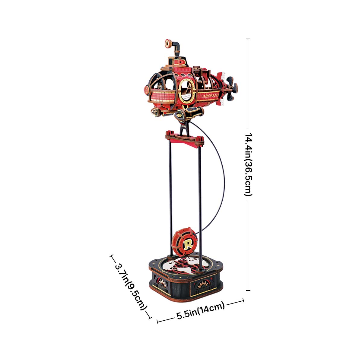 ROKR Deep-Sea Adventurer MCD04 white background dimension diagram showing the red submarine pendulum ornament at 14.4 inches tall on black stand