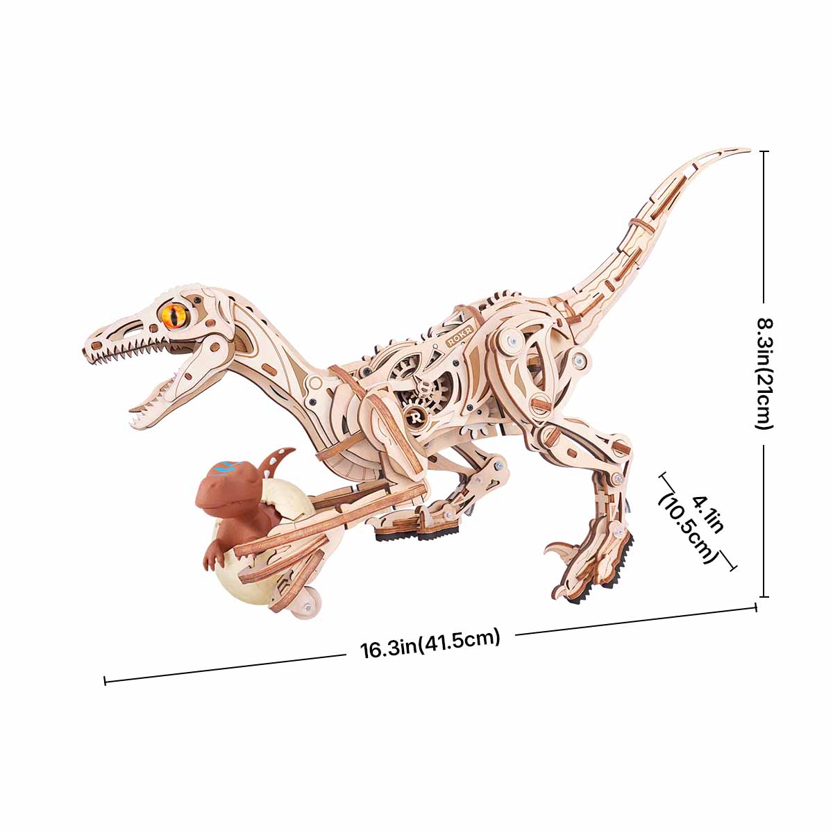 ROKR Velociraptor Mechanical mechanical 3D wooden puzzle, angled view LD01