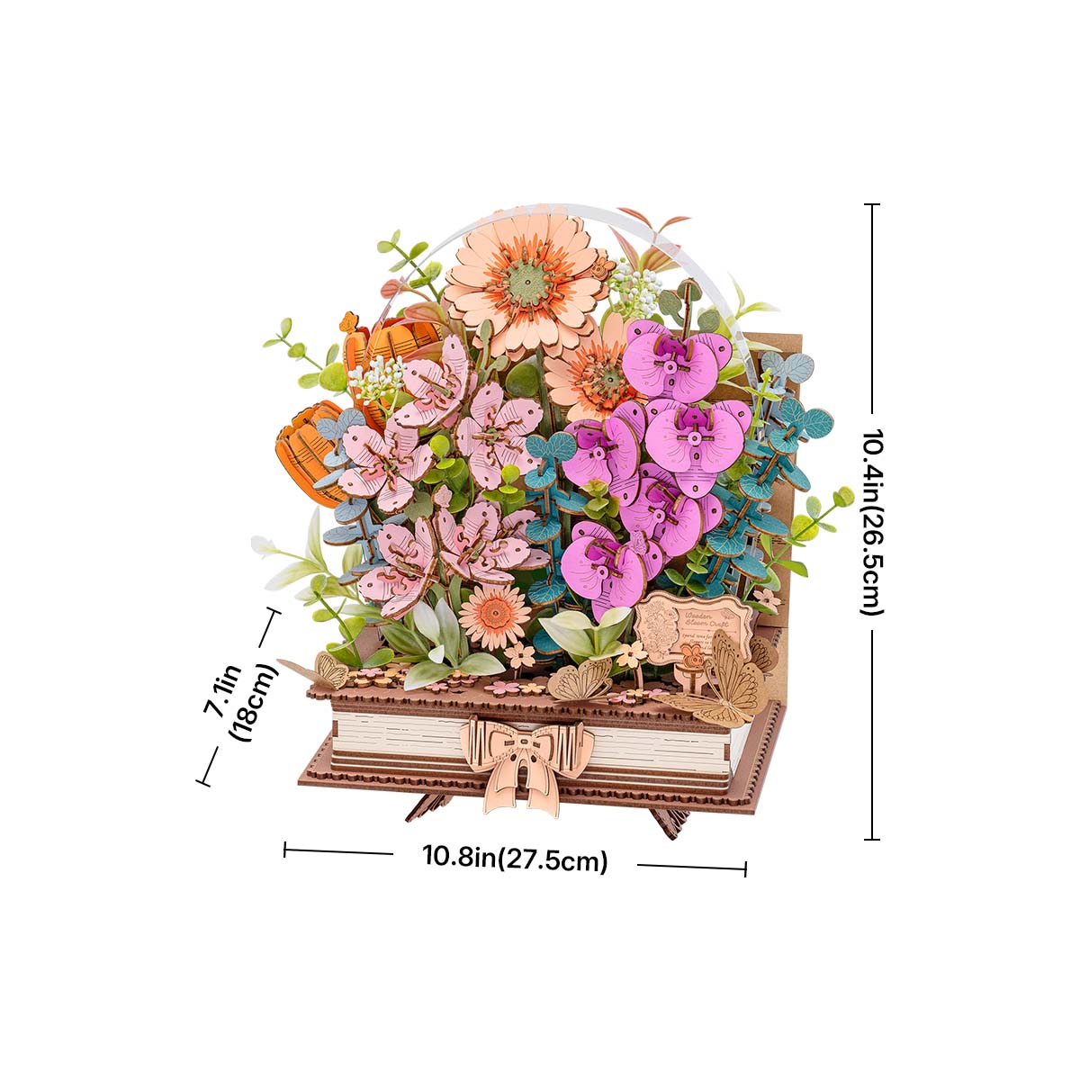 Rowood Wooden Blooming Book Flower Bouquet 3D Puzzle 3D wooden flower puzzle, side view highlighting structure and scale