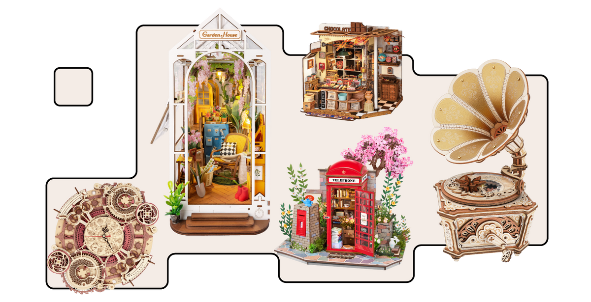 Collage of four rounded product thumbnails showing a fairy diorama, bookshop, phone booth and gramophone model