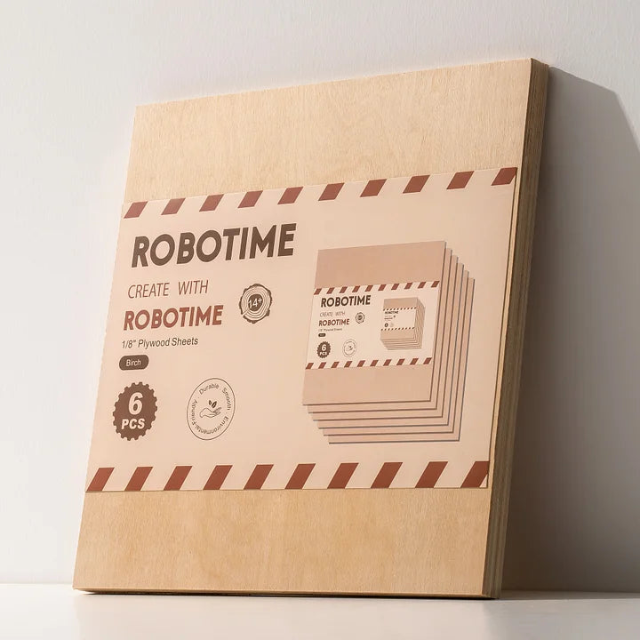 Robotime laser cutting plywood stack showing multiple thin birch sheets fanned out with uniform thickness and clean cut edges