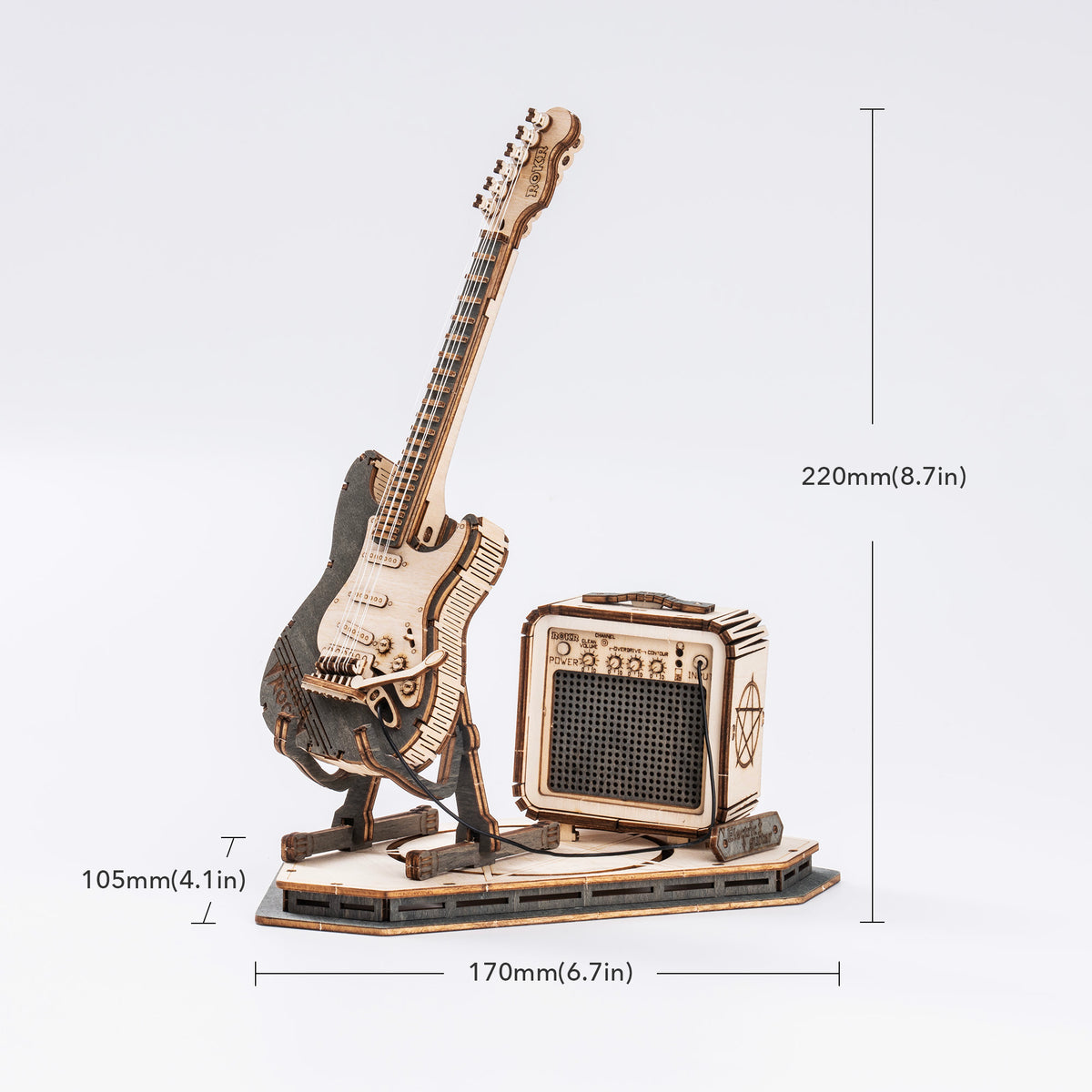 ROKR Electric Guitar TG605K wooden puzzle outline diagram labeled 170 by 105 by 220 mm with dimensions