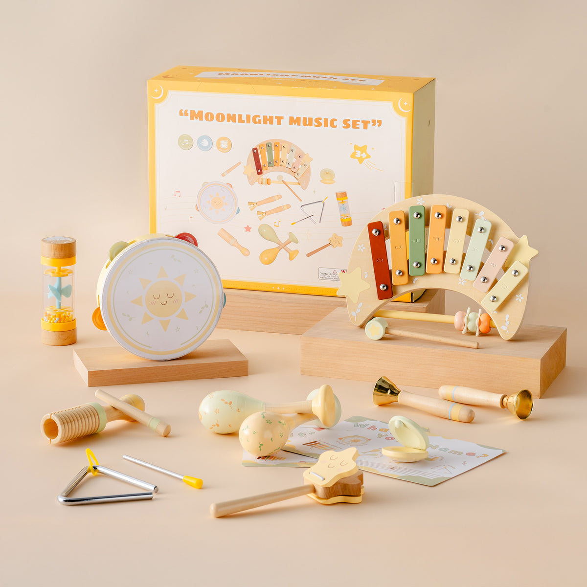 ROBUD Moonlight Music Set complete product in retail box showing xylophone, tambourine, rainmaker, triangle and all accessories arranged on display