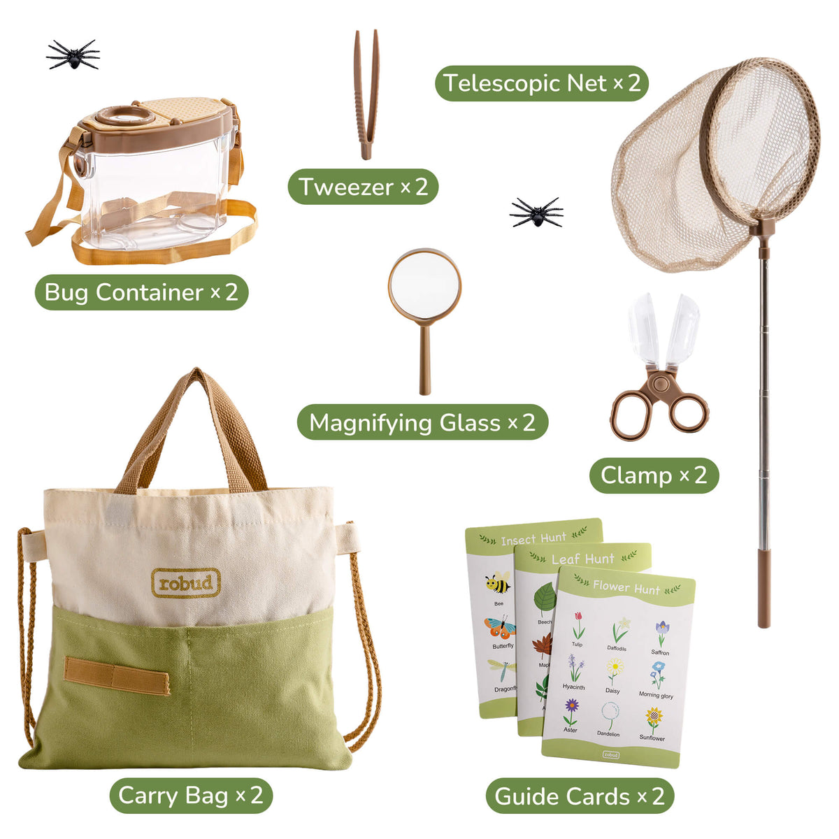 ROBUD dual kids explorer kit components flat lay showing two of each tool including bug containers, nets, magnifying glasses, tweezers, clamps, carry bags, and guide cards