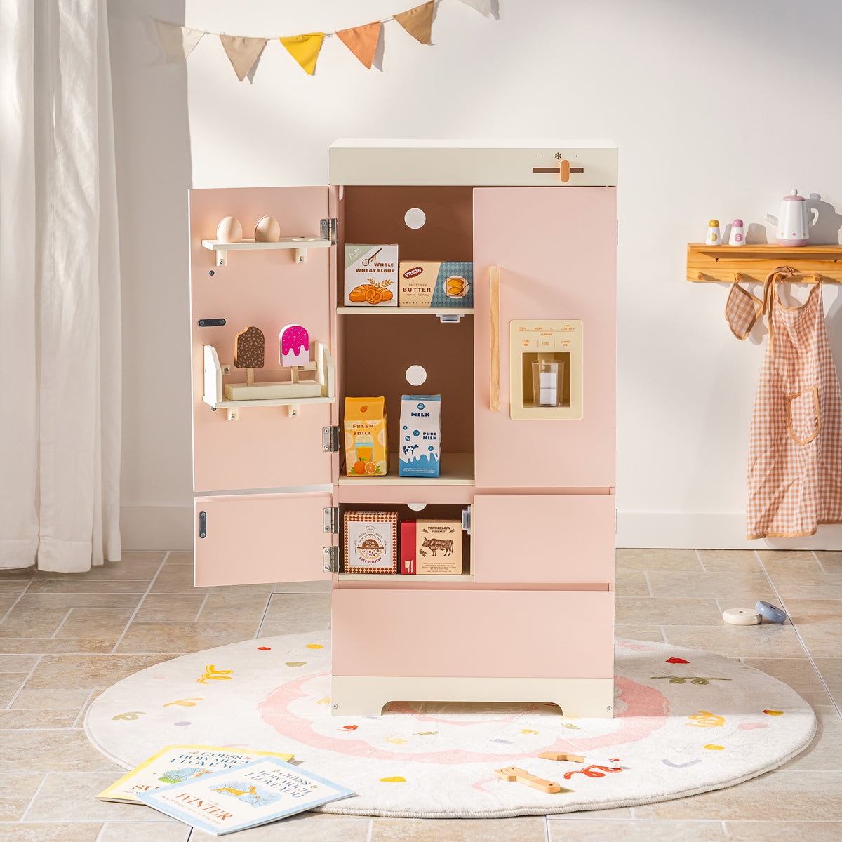 ROBUD Pink Wooden Kitchen PlaySet refrigerator unit with open shelves showing play food items on wooden floor