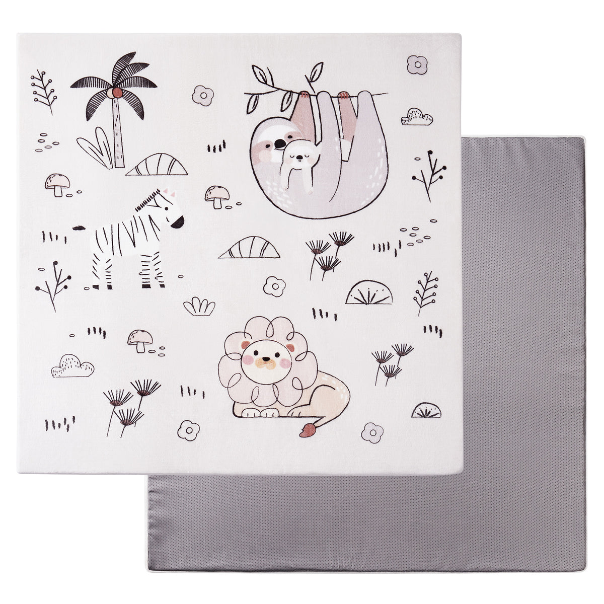ROBUD baby play mat main product view showing white foam mat with sloth, zebra and cute lion safari illustration, corner folded to reveal grey anti-slip backing, white background