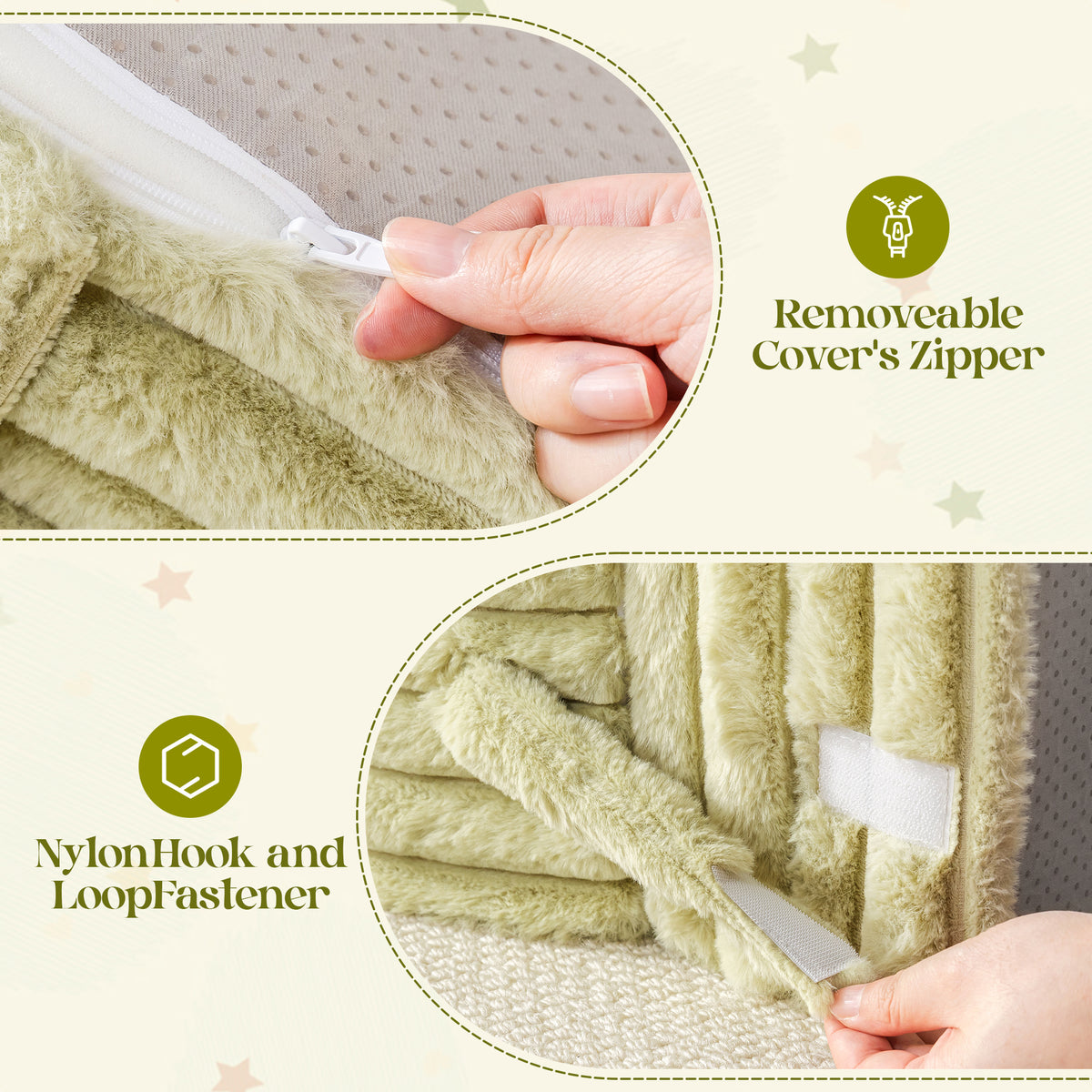 ROBUD children's sofa cover feature showing a removable zipper cover and nylon hook-and-loop fastener for easy washing.