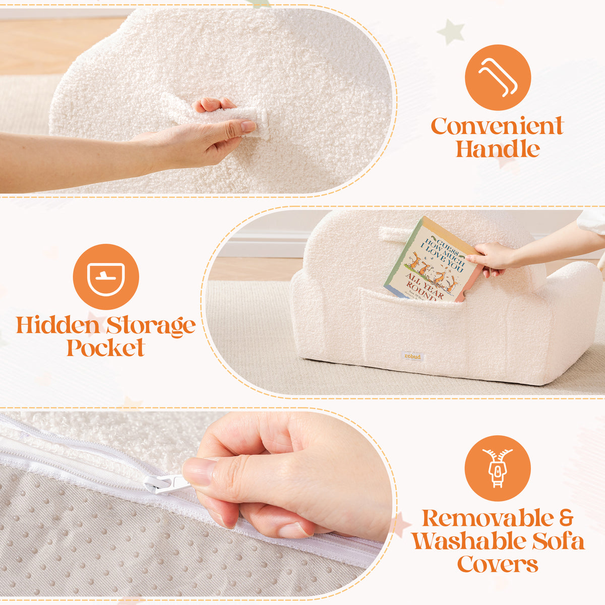 ROBUD Children's cream sofa feature callout showing convenient handle, hidden storage pocket and washable cover