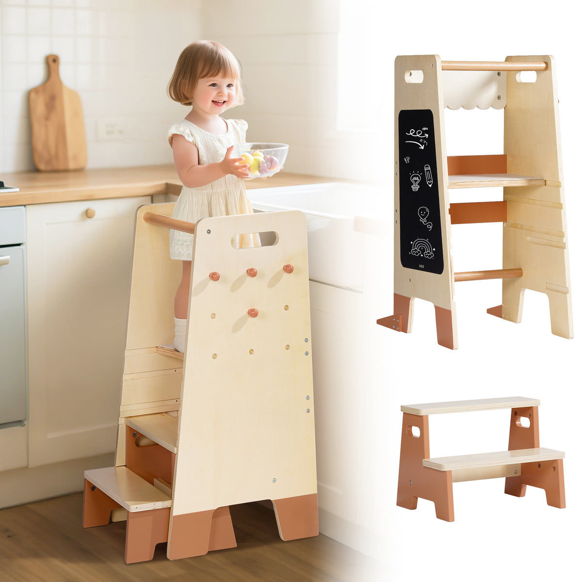 Toddler girl stirring a bowl at the kitchen counter while standing on ROBUD Toddler Standing Tower natural wood learning helper