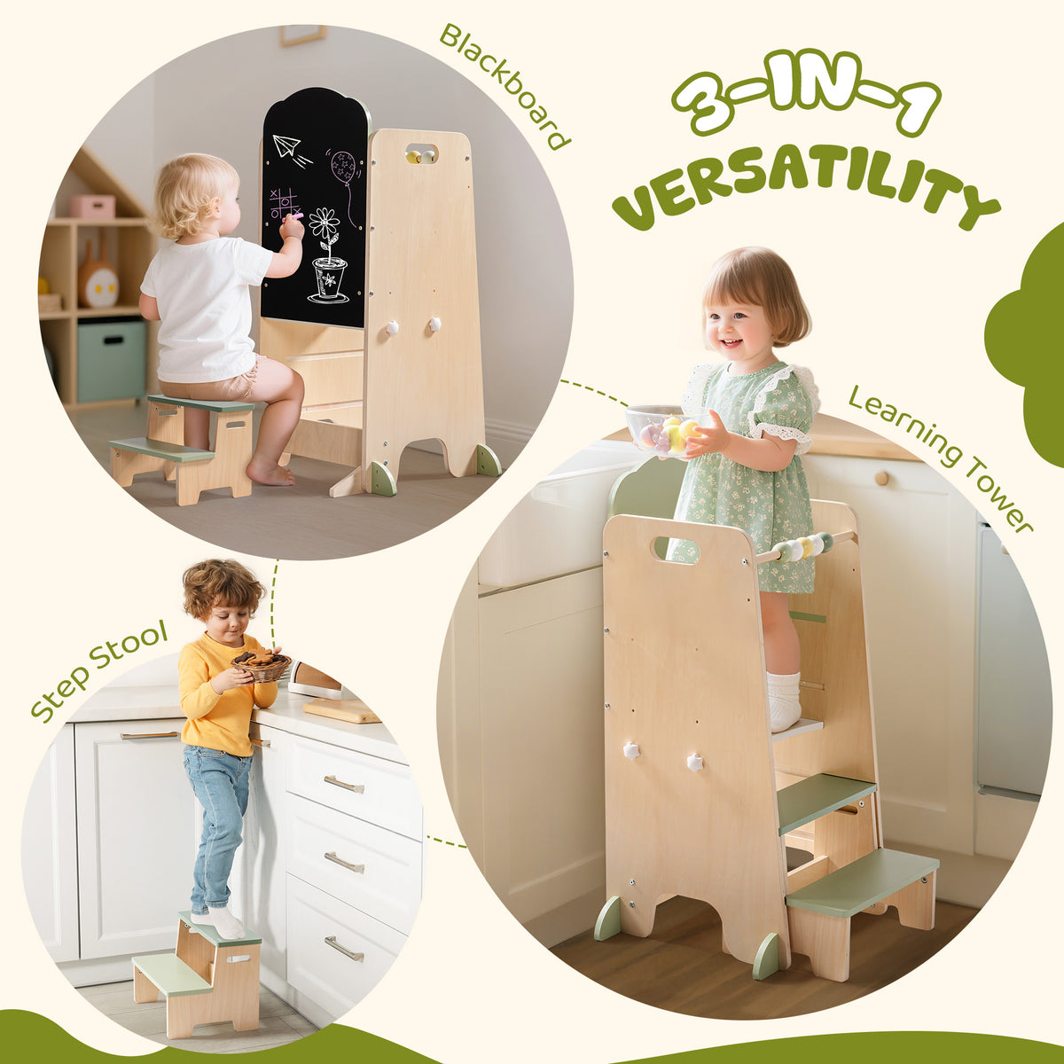 ROBUD Toddler Standing Tower white and natural wood version with elephant busy board mounted on a light wall above children sitting on the floor