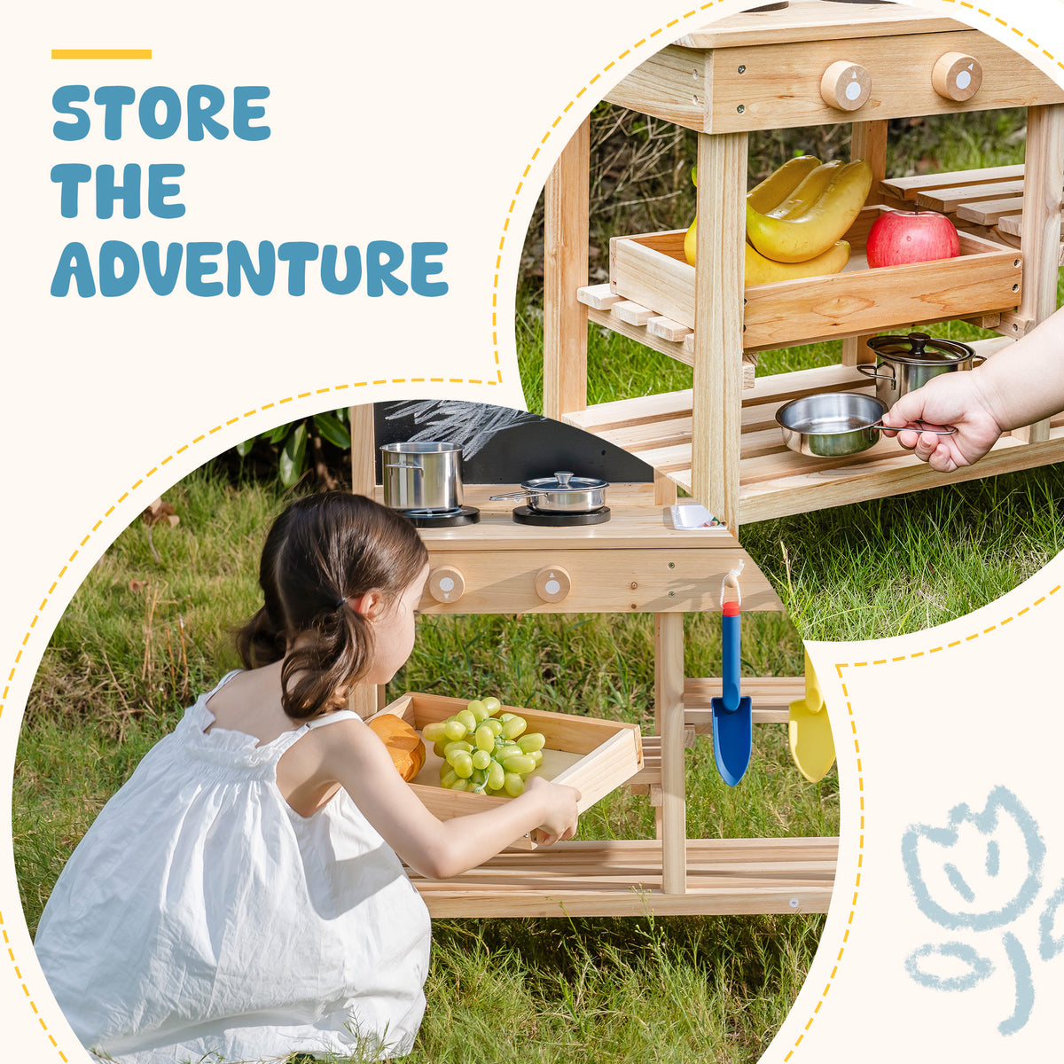 ROBUD Outdoor Garden Mud Kitchen store the adventure view with girl loading the lower storage shelf with colorful play accessories in garden setting