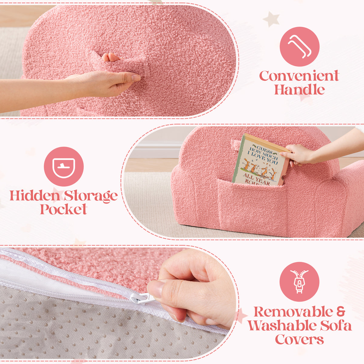 Detail shots of the ROBUD pink kids sofa showing the carry handle, hidden side storage pocket, and removable washable cover.