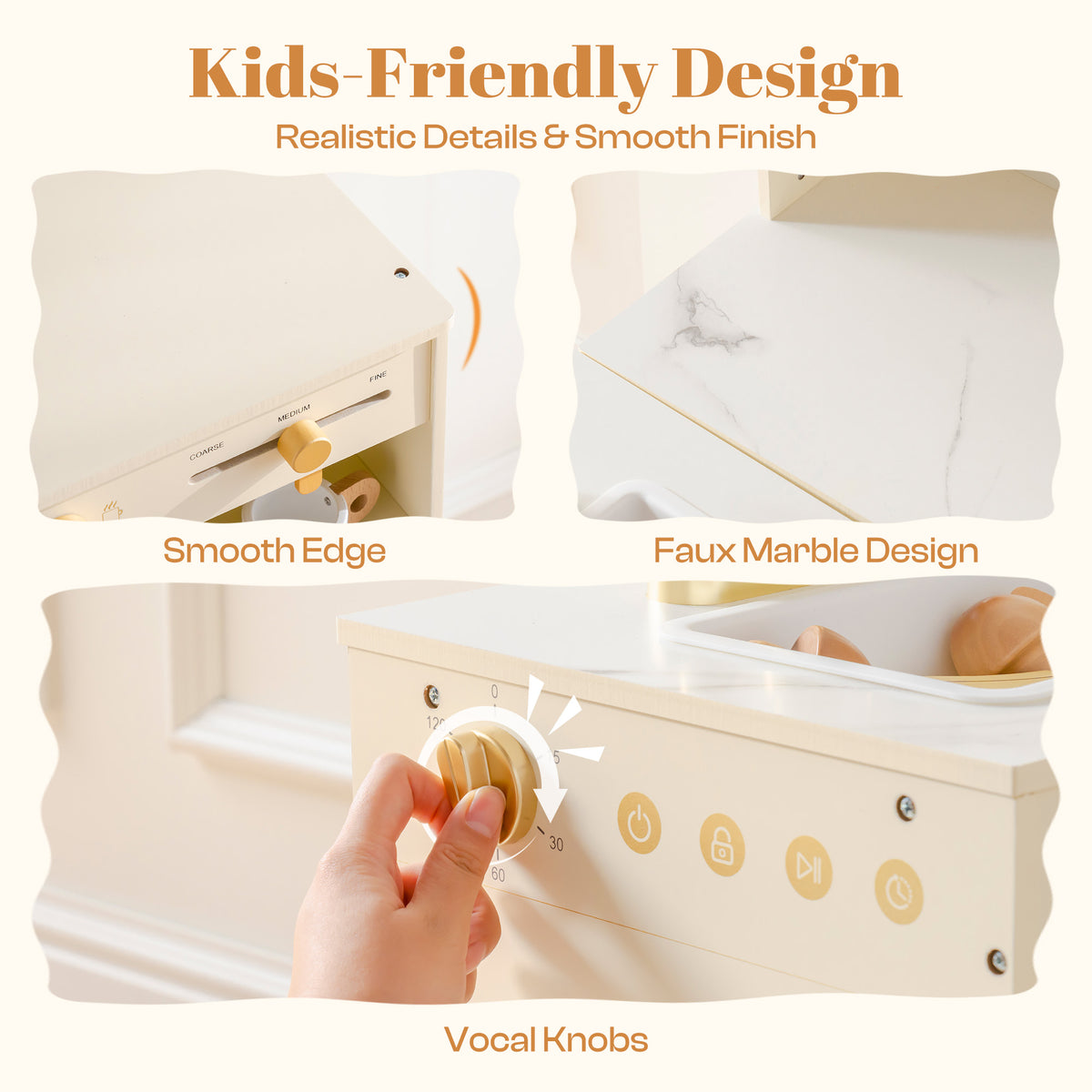 ROBUD kitchen playset feature callout showing smooth-edge rounded panels faux marble surface and vocal turning knobs.