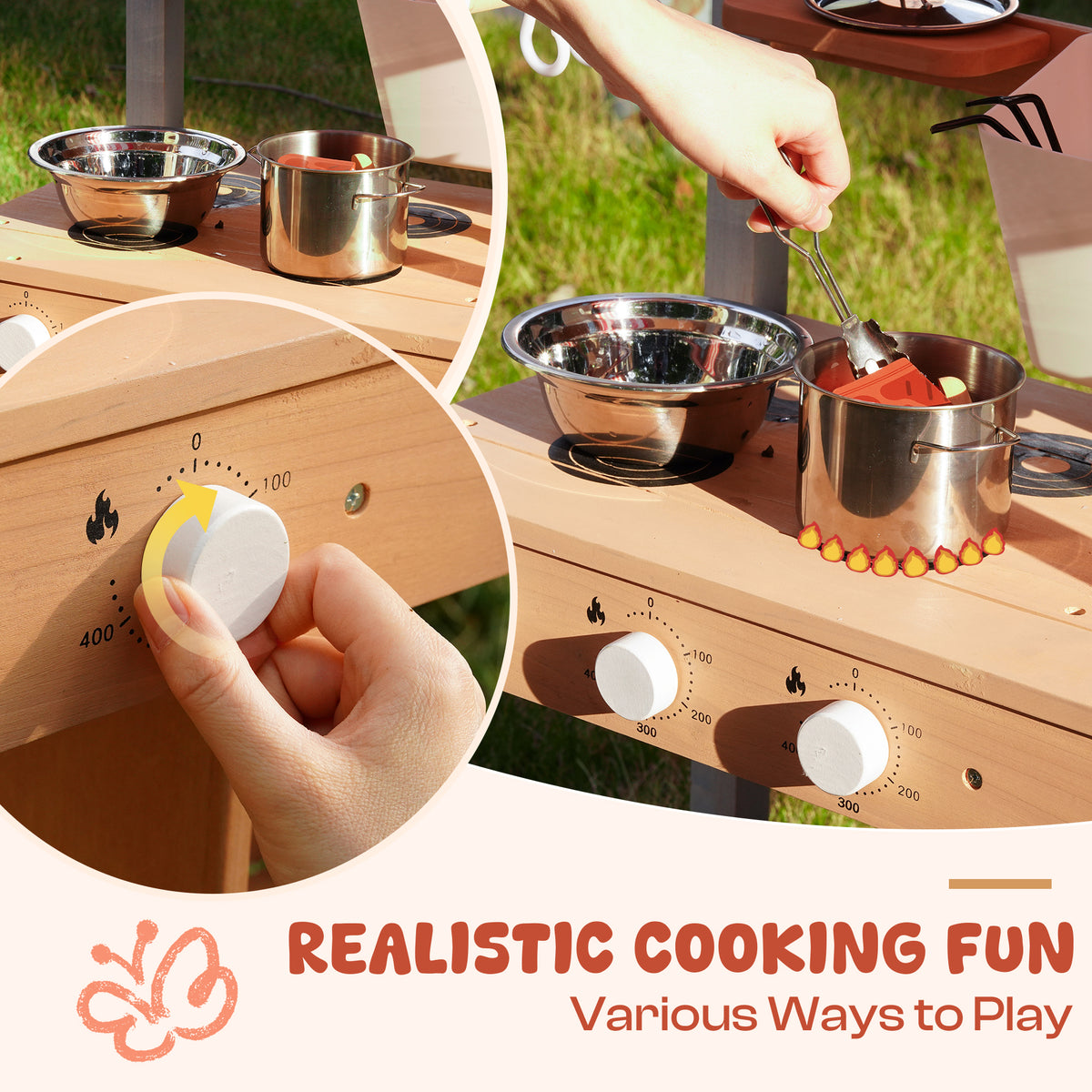 Close-up of ROBUD outdoor mud kitchen with stainless steel pots and knobs on natural wood surface outdoors with realistic cooking callouts