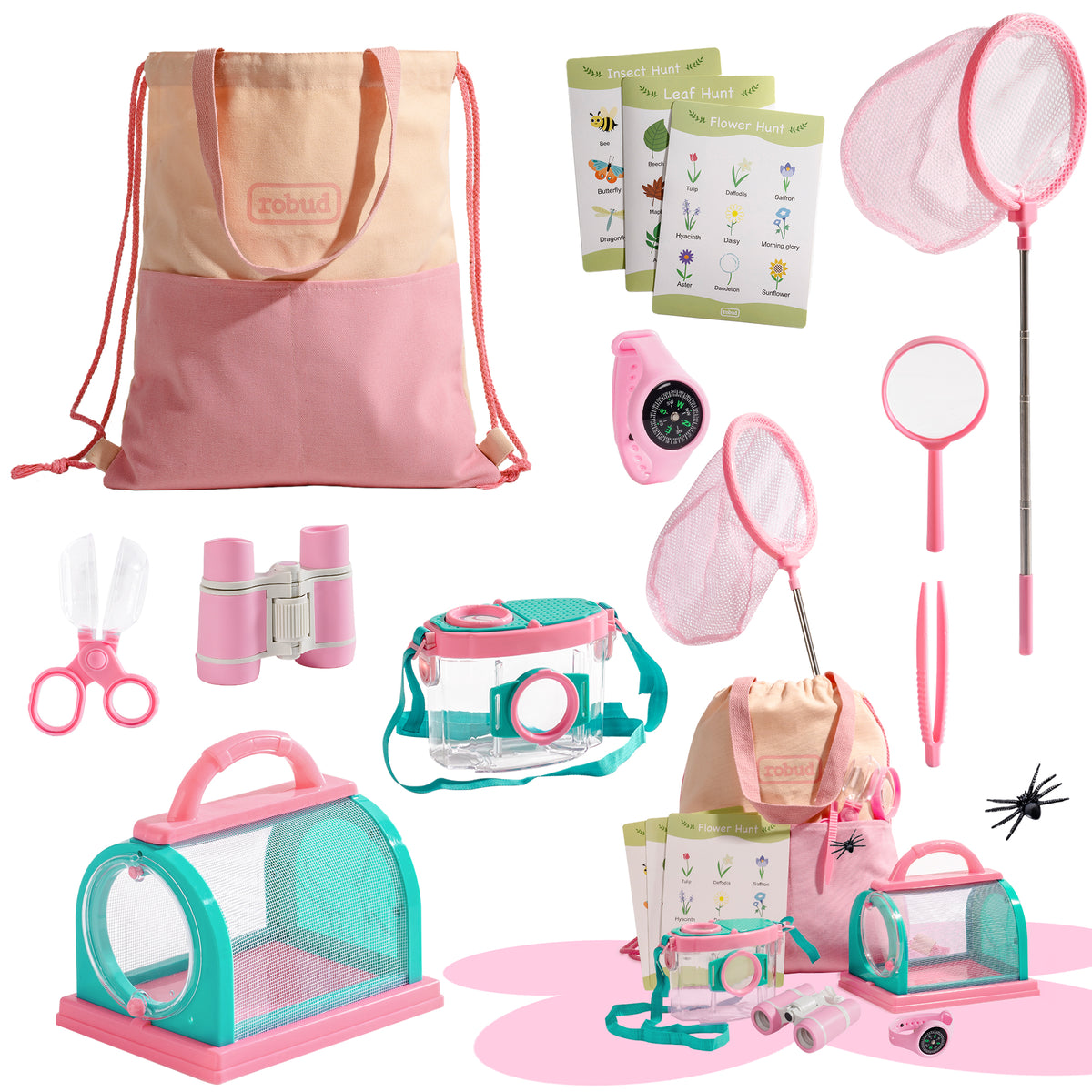 ROBUD dual explorer kit pink and green versions displayed together showing bags, nets, containers, tweezers, and bug guide cards
