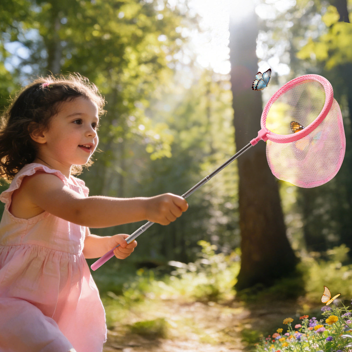 Young girl using ROBUD pink magnifying glass in sunlit forest beside tree stump with full explorer kit and pink drawstring bag laid out