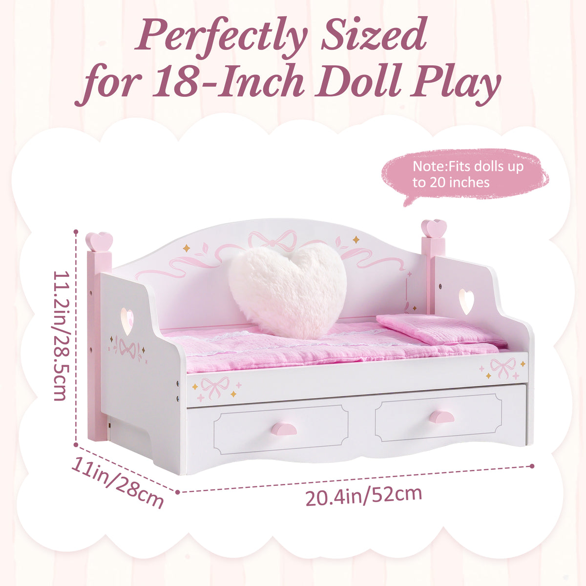 ROBUD white and pink wooden doll bunk bed sofa showing dimensions 20.4 inches wide and 11.2 inches tall sized for 18-inch dolls