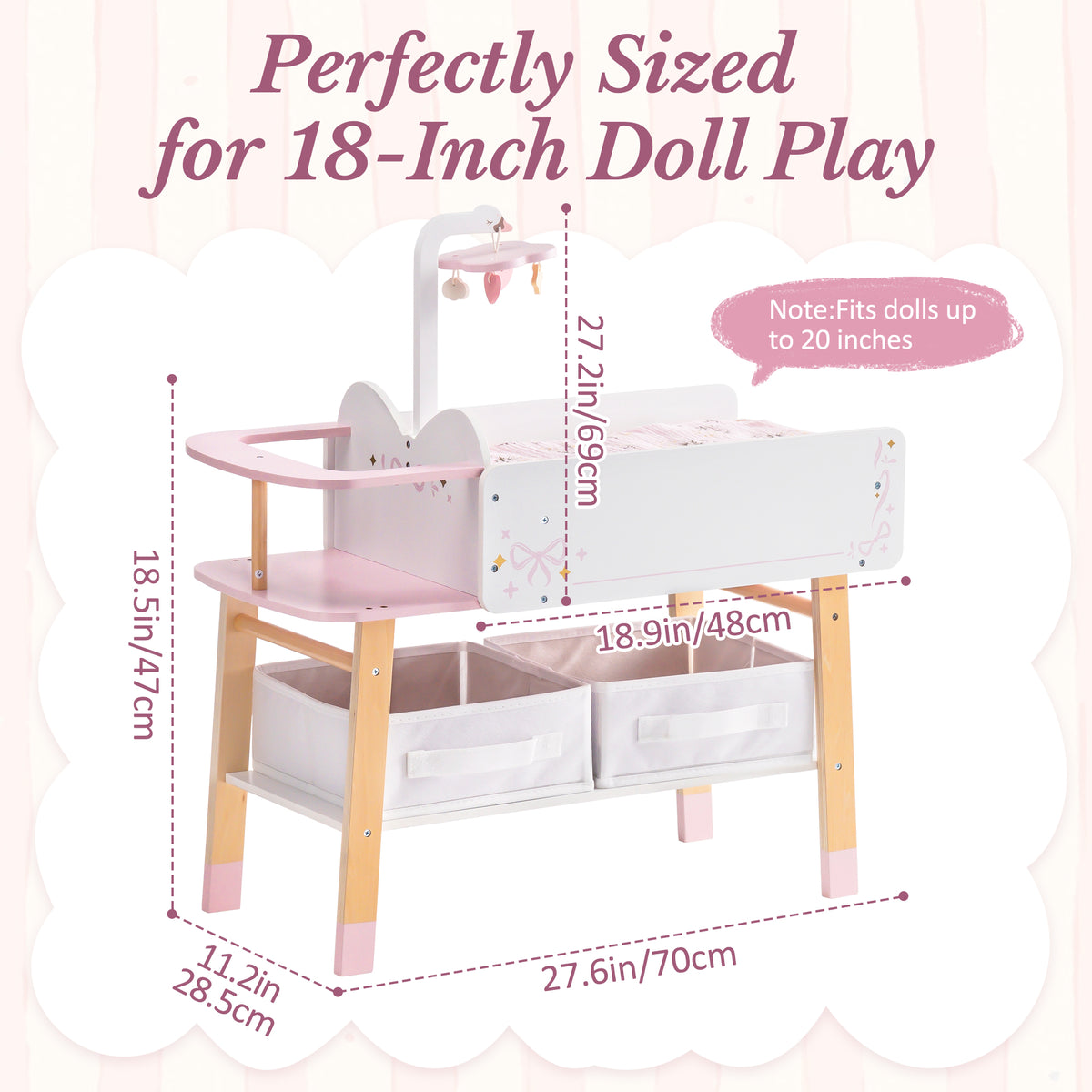 ROBUD 18-inch doll changing table dimension callout showing 27.6 inches wide, 22.2 inches tall with pink unicorn mobile and natural wood legs