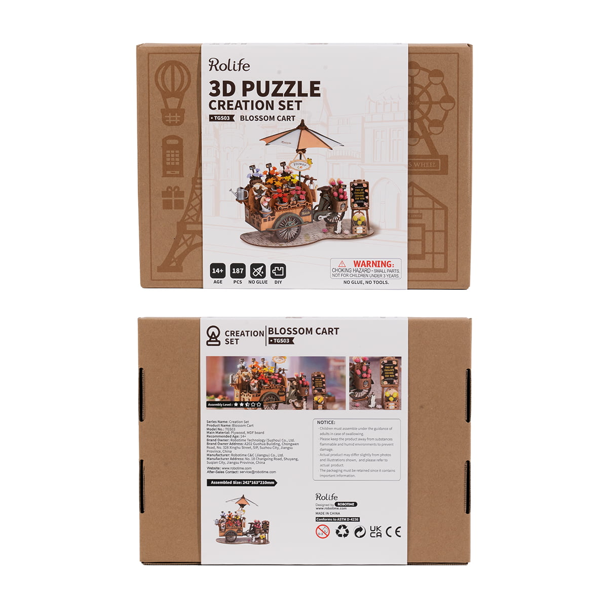 Rolife Blossom Cart TGS03 retail packaging box showing front cover art and back panel with assembly specifications