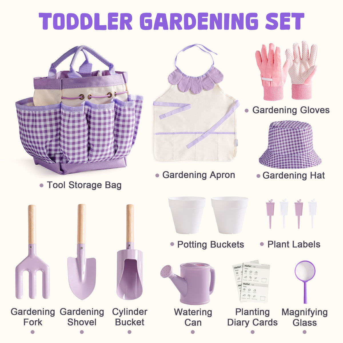 ROBUD Kids Gardening Set purple toddler set contents labeled diagram showing fork, shovel, bucket, watering can, magnifying glass, gloves and diary