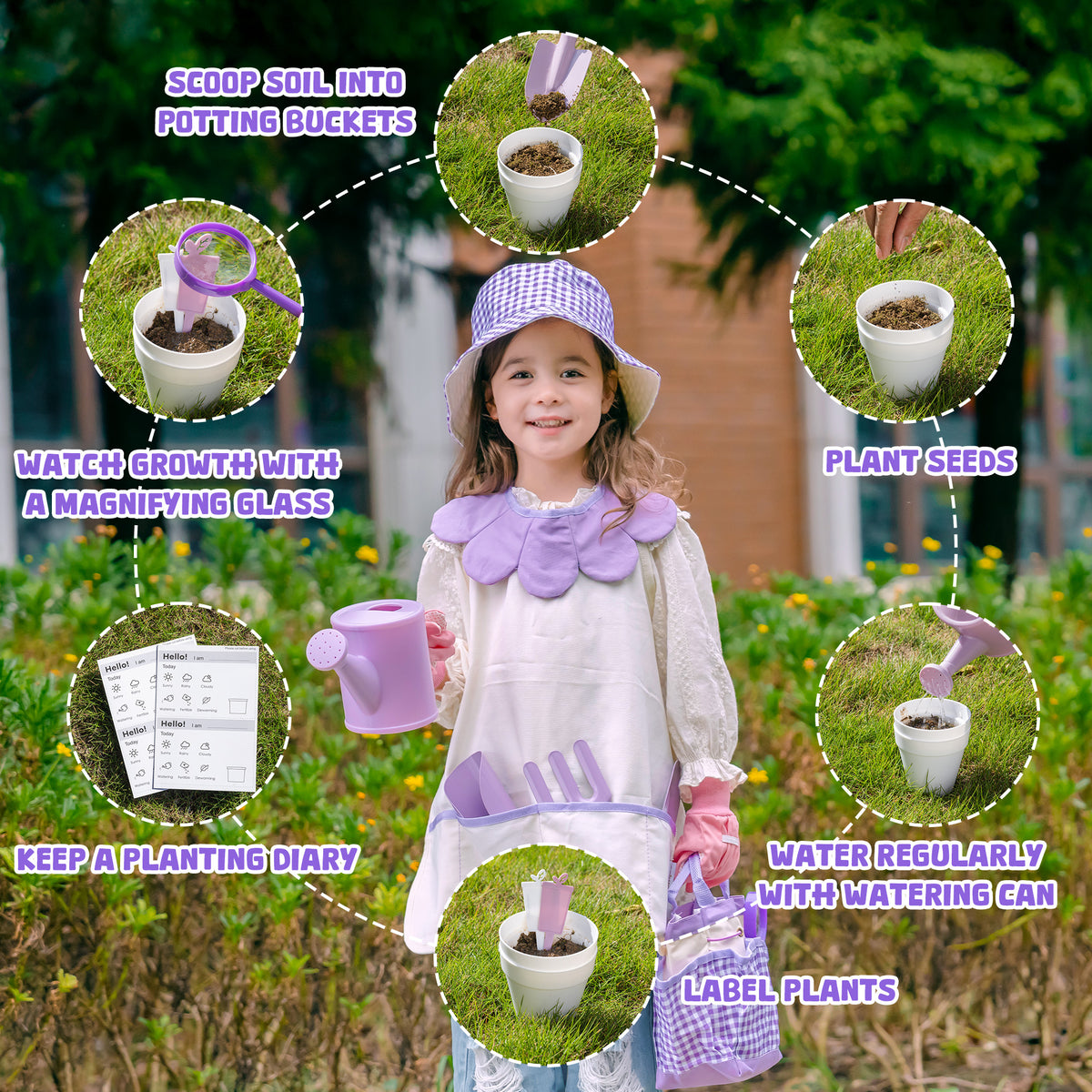Girl in purple gingham hat outdoors with ROBUD Kids Gardening Set activity guide showing planting, watering and labeling steps around her