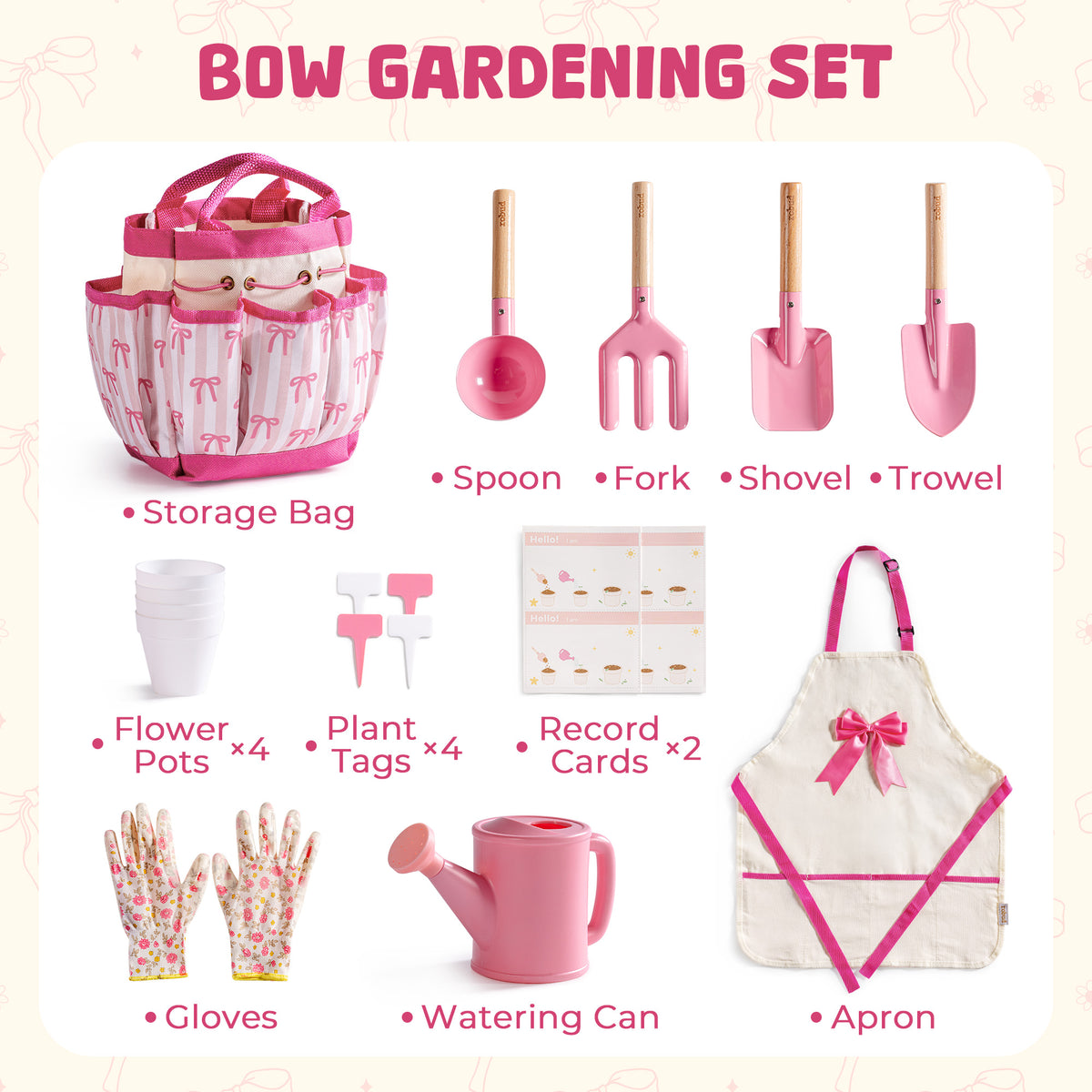ROBUD Bow Gardening Set all contents showing storage bag, spoon, fork, shovel, trowel, flower pots, gloves, watering can and apron